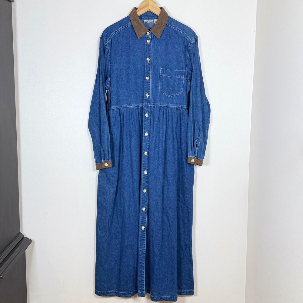 Vintage 90s Laura Gayle Womens Denim Maxi Dress Size M Western Prairie Modest